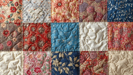handmade patchwork quilt crafted from vintage textured fabric patches with ornamental patternsの素材