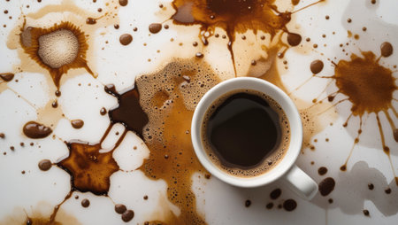 coffee splash around a ceramic mug with coffee beans on white background, top viewの素材