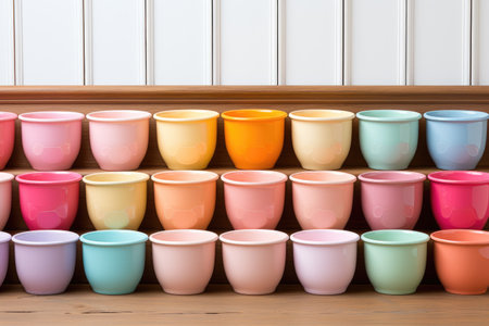 Assorted plant pots in pastel and bright colors arranged for sale in a gardening storeの素材