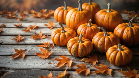 Warm rustic scene with pumpkins and autumn leaves on wood backgroundの素材