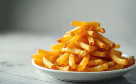 Crispy golden French fries stacked on a white plate with copy space, fast food snack concept.の素材