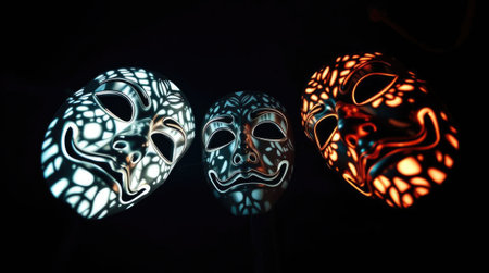 Glowing masks with abstract light patterns on dark background, symbol of mystery, carnival and anonymityの素材