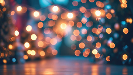 Defocused Christmas lights in warm tones with soft glowing orbs and space for text, suitable for holiday greetingsの素材