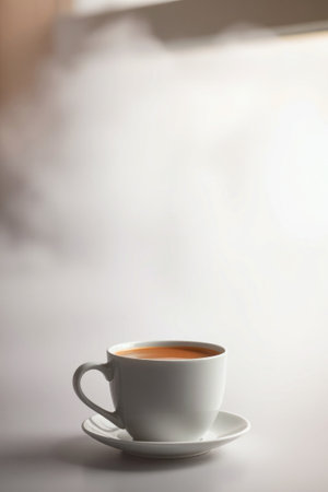Minimalist scene with warm cocoa in elegant white cup on table in natural morning light, space for textの素材