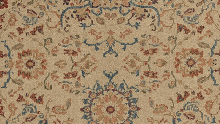 Vintage oriental rug texture featuring beige, red, and blue ornamental design with detailed floral and geometric elements.の素材