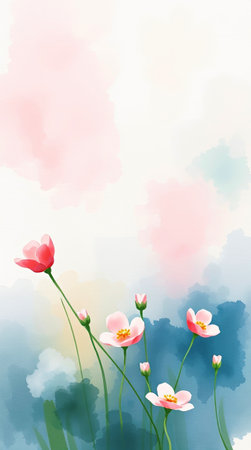Peaceful meadow flowers with light pink petals on a blue or greeting messageの素材