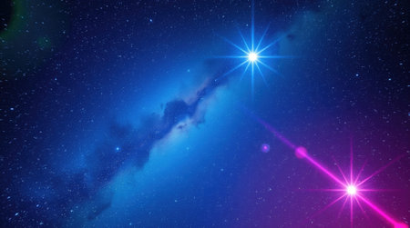 Abstract cosmic background with glowing stars and colorful light flares in deep spaceの素材