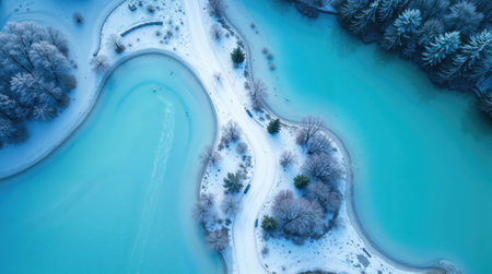 Aerial view of a snowy winding road dividing frozen turquoise lakes in a serene winter landscapeの素材