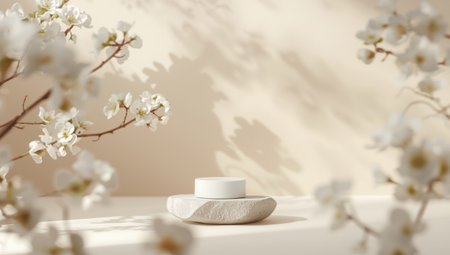 Minimal cosmetic display stand with natural stone on beige background for product presentationの素材