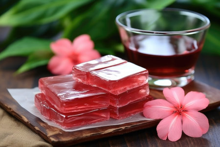 Stack of translucent hibiscus jelly candies served on a wooden tray with a glass of herbal hibiscus tea and fresh pink flowers, set against a natural green backgroundの素材