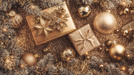 Golden Christmas gifts and baubles with fir branches and festive lightsの素材