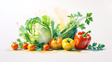 Watercolor illustration of fresh vegetables including cabbage, tomatoes, pepper and parsley on white backgroundの素材