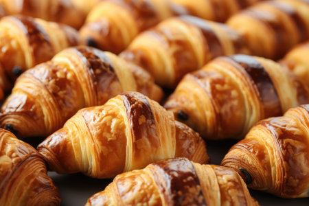 Freshly baked croissants in rows, close-up view of golden flaky textureの素材