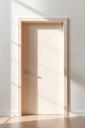 Modern beige wooden door with modern handle in bright interior with shadows on the wallの素材