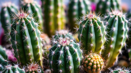 Close-up of green ribbed cacti with radial spinesの素材