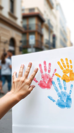 colorful handprints on a white poster in an urban setting, with a real hand reaching to touch, conveying creativity, community, and spontaneous expressionの素材