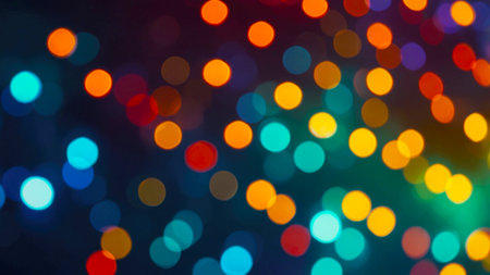 Defocused festive lights in rainbow colors creating abstract glowing bokeh patternの素材