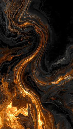 Golden fluid swirls on black surface, dynamic molten lava effect, vertical layoutの素材