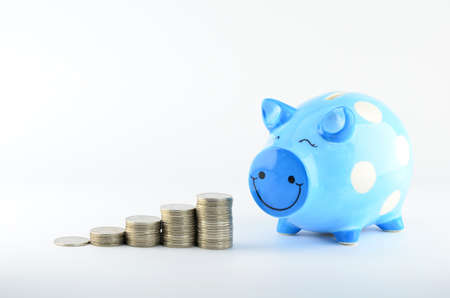 Piggy bank with stacks of coins の写真素材