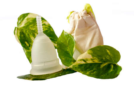 White menstrual cup with green leaves and little beige bag isolated in white background. Photo imagesの写真素材