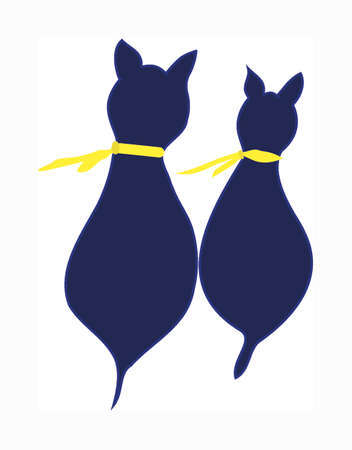 Two dark blue cats as silhouette seen from the back wearing yellow scarf. Vectorのイラスト素材