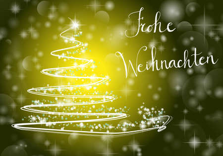 Abstract Christmas tree on shiny yellow background with the writing "Merry Chistmas" in German "Frohe Weihnachten". Vector oneのイラスト素材