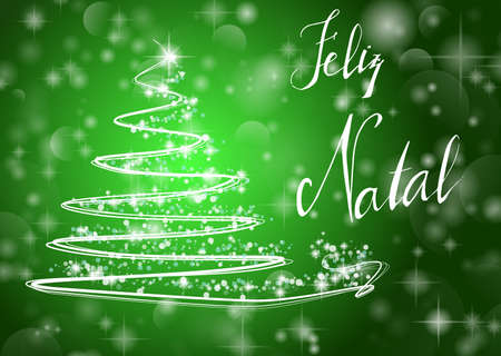Abstract Christmas tree on shiny green background with the writing "Merry Chistmas" in portuguese "Feliz Natal". Vectorのイラスト素材