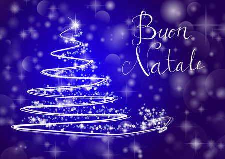 Abstract Christmas tree on shiny blue background with the writing "Merry Chistmas" in Italian "Buon Natale". Vectorのイラスト素材
