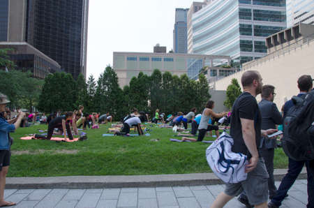 Montreal, Quebec, Canada - 20 July 2016 - A group of women practing yoga in a class in a green area...