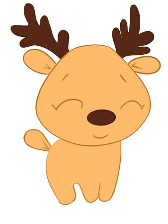 A simple cute Christmas deer with small horns and a ponytail smiles against a white backgroundの写真素材