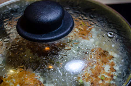 fried chicken mince patties with green on the blue iron pan under transparent glass cover top view
