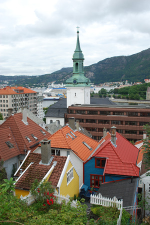 Bergen Architecture - colorful houses and church in Bergen, Norwayの写真素材