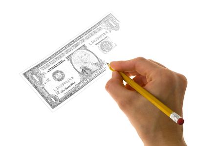 Making Money - Closeup photograph of a hand holding a yellow pencil drawing a dollar bill. Isolated on a white background.の写真素材