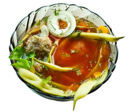 Closeup bowl of haricot soup with teftelの写真素材