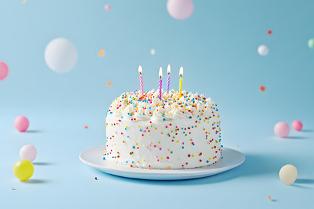 Birthday cake with candles and balloons on blue background, 3d renderの素材