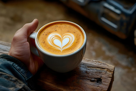 Coffee cup with heart shape latte art on wooden tableの素材