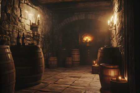 Wine barrels in the old cellar with candles. 3d renderingの素材