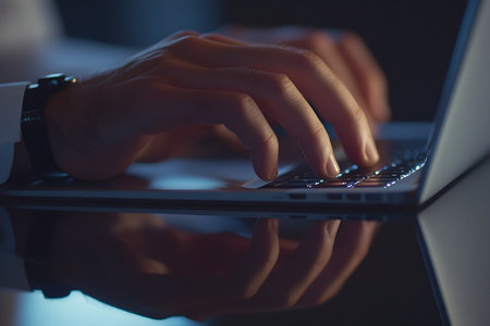 Close-up of male hands typing on laptop keyboard in dark officeの素材
