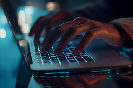 Close up of a man's hands typing on a laptop keyboard.の素材