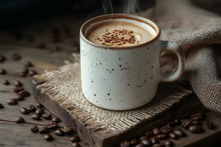Coffee cup and coffee beans on old wooden table background.の素材