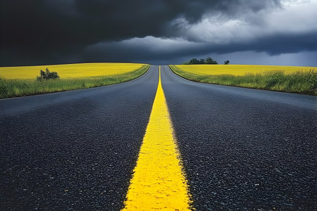 Asphalt road and stormy sky, yellow line on the roadの素材