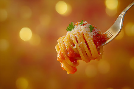 Spaghetti with tomato sauce and parmesan cheese on a forkの素材