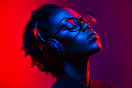 Young african american woman with headphones listening to music in neon lightの素材