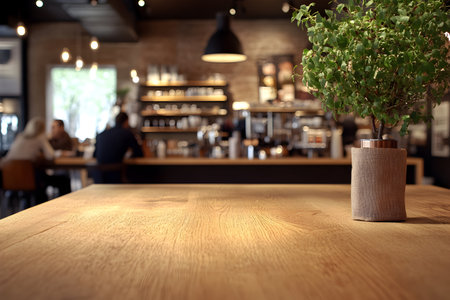 Empty wooden table in front of blurred background of coffee shop or restaurant.の素材