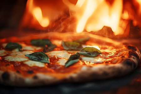 Pizza with mozzarella and basil on the background of the fireの素材