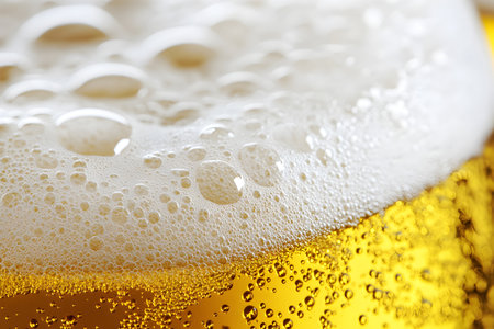 Close up of beer with bubbles. Beer background. Beer foam.の素材
