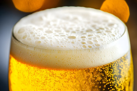 Close up of a glass of beer with foam on a dark backgroundの素材