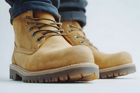 Male legs in jeans and boots on white background. Close up.の素材