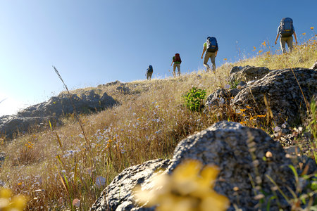 Hikers on a trail in the mountains of Crimea. Russia.の素材