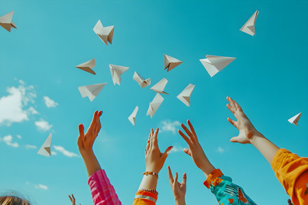 childhood, education, school and people concept - close up of happy kids hands with paper planes flying over blue skyの素材